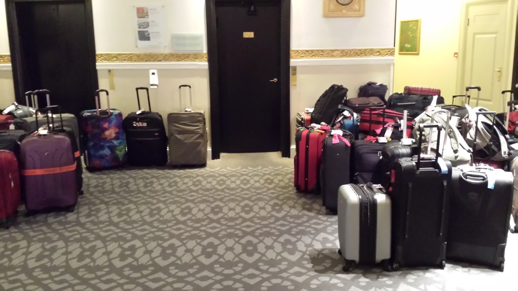 On the second floor near the elevators was the collected luggage of the cruisers from that floor. Downstairs in the lobby, the amassed luggage took up nearly the entire space!
