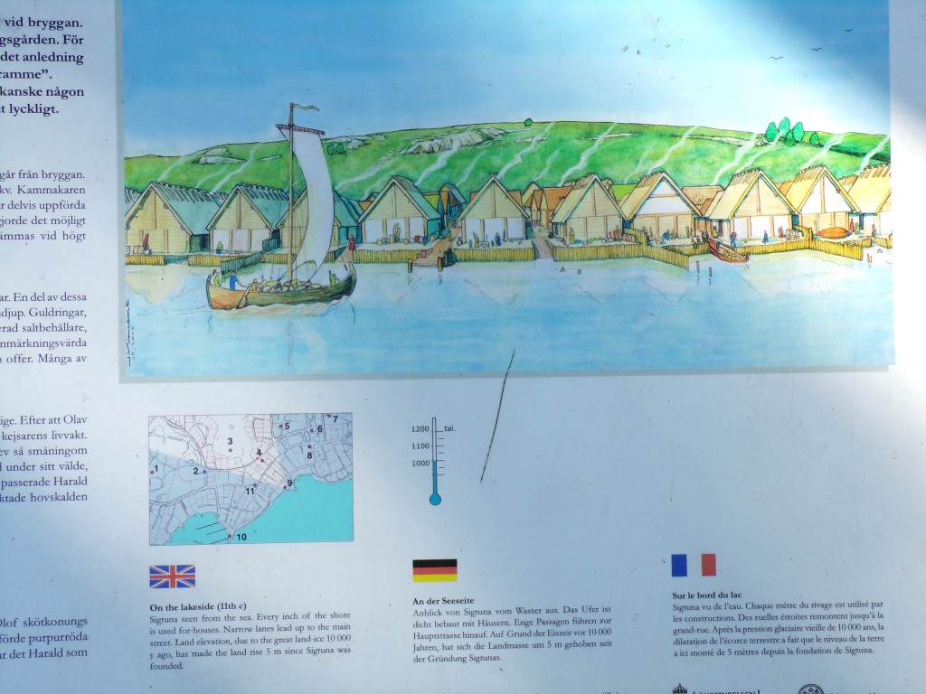 This illustration shows Sigtuna seen from the sea. Every inch of the shore is used for houses.